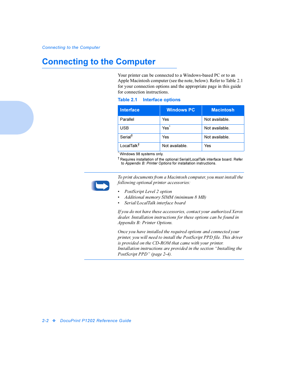 Connecting to the computer, Connecting to the computer -2 | Xerox DocuPrint Personal Laser Printer P1202 User Manual | Page 16 / 88