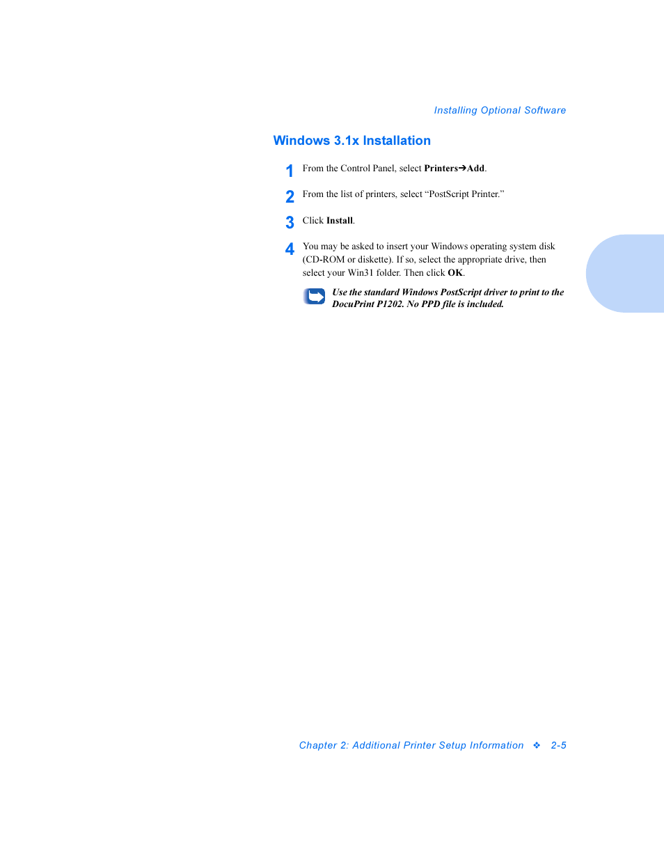 Windows 3.1x installation, Windows 3.1x installation -5 | Xerox DocuPrint Personal Laser Printer P1202 User Manual | Page 19 / 88