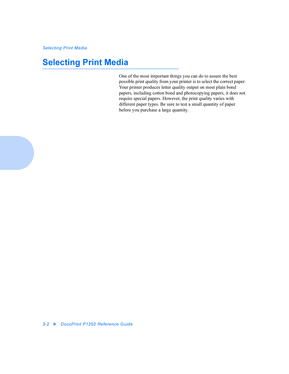 Selecting print media, Selecting print media -2 | Xerox DocuPrint Personal Laser Printer P1202 User Manual | Page 22 / 88