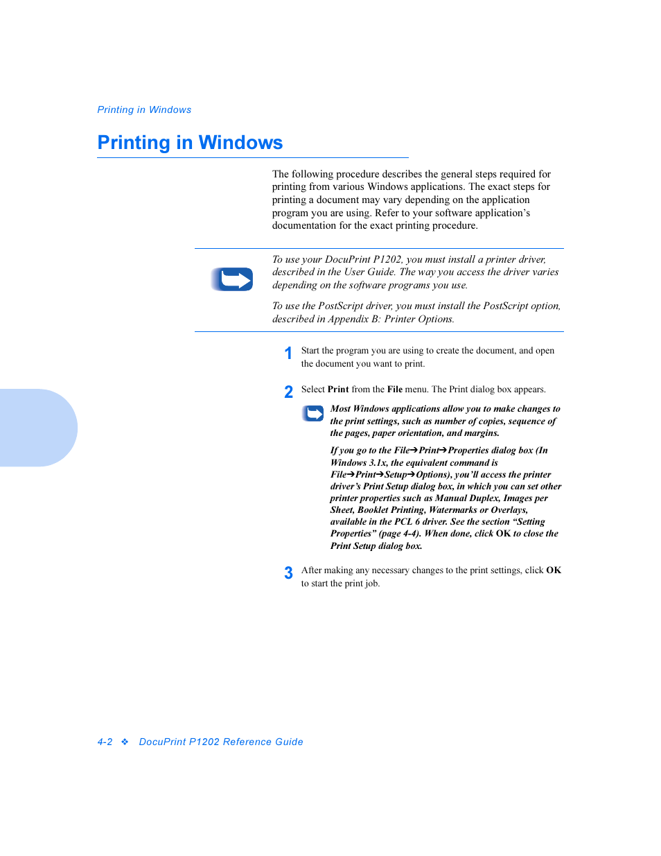 Printing in windows, Printing in windows -2 | Xerox DocuPrint Personal Laser Printer P1202 User Manual | Page 26 / 88