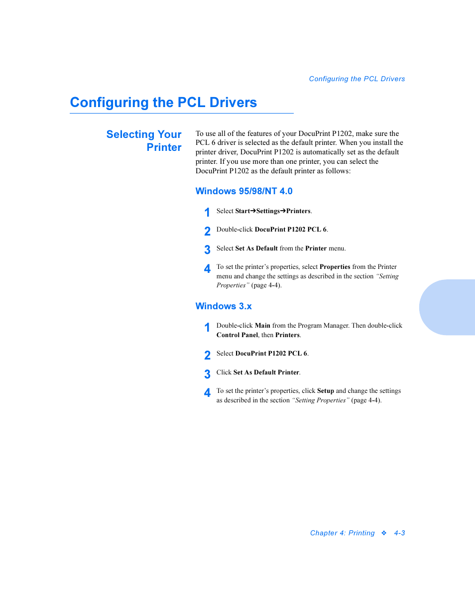 Configuring the pcl drivers, Selecting your printer, Windows 95/98/nt 4.0 | Windows 3.x, Configuring the pcl drivers -3, Selecting your printer -3 | Xerox DocuPrint Personal Laser Printer P1202 User Manual | Page 27 / 88