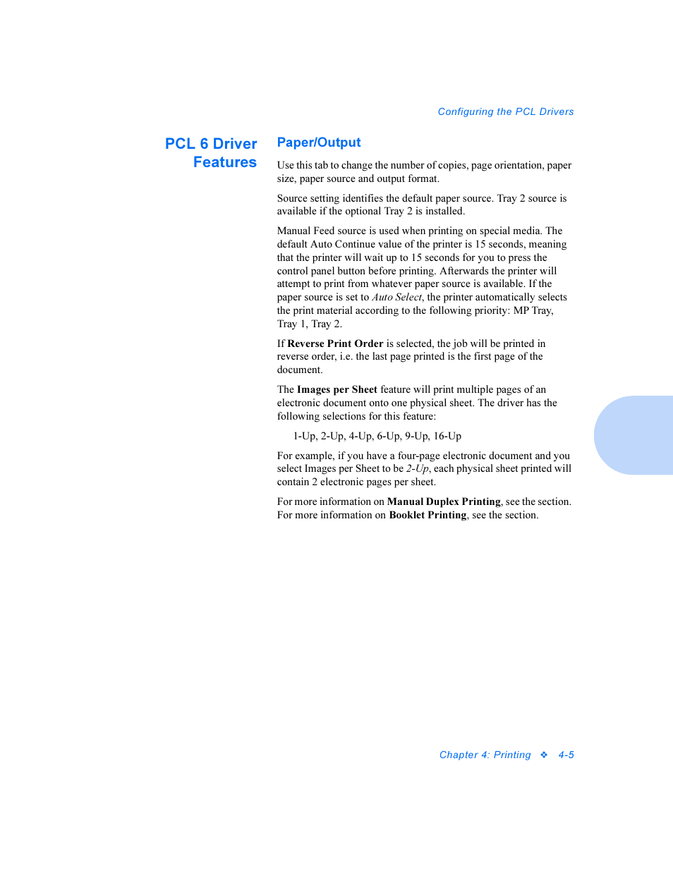 Pcl 6 driver features, Paper/output, Pcl 6 driver features -5 | Xerox DocuPrint Personal Laser Printer P1202 User Manual | Page 29 / 88