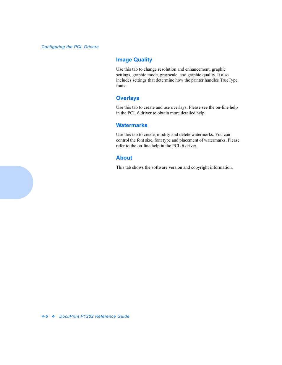 Image quality, Overlays, Watermarks | About | Xerox DocuPrint Personal Laser Printer P1202 User Manual | Page 30 / 88