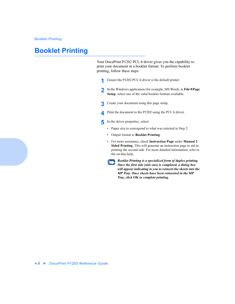 Booklet printing, Booklet printing -8 | Xerox DocuPrint Personal Laser Printer P1202 User Manual | Page 32 / 88