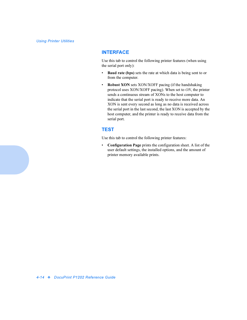 Interface, Test | Xerox DocuPrint Personal Laser Printer P1202 User Manual | Page 38 / 88