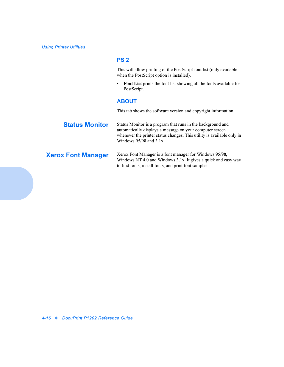 Ps 2, About, Status monitor | Xerox fontmanager, Status monitor -16, Xerox font manager -16, Xerox font manager | Xerox DocuPrint Personal Laser Printer P1202 User Manual | Page 40 / 88