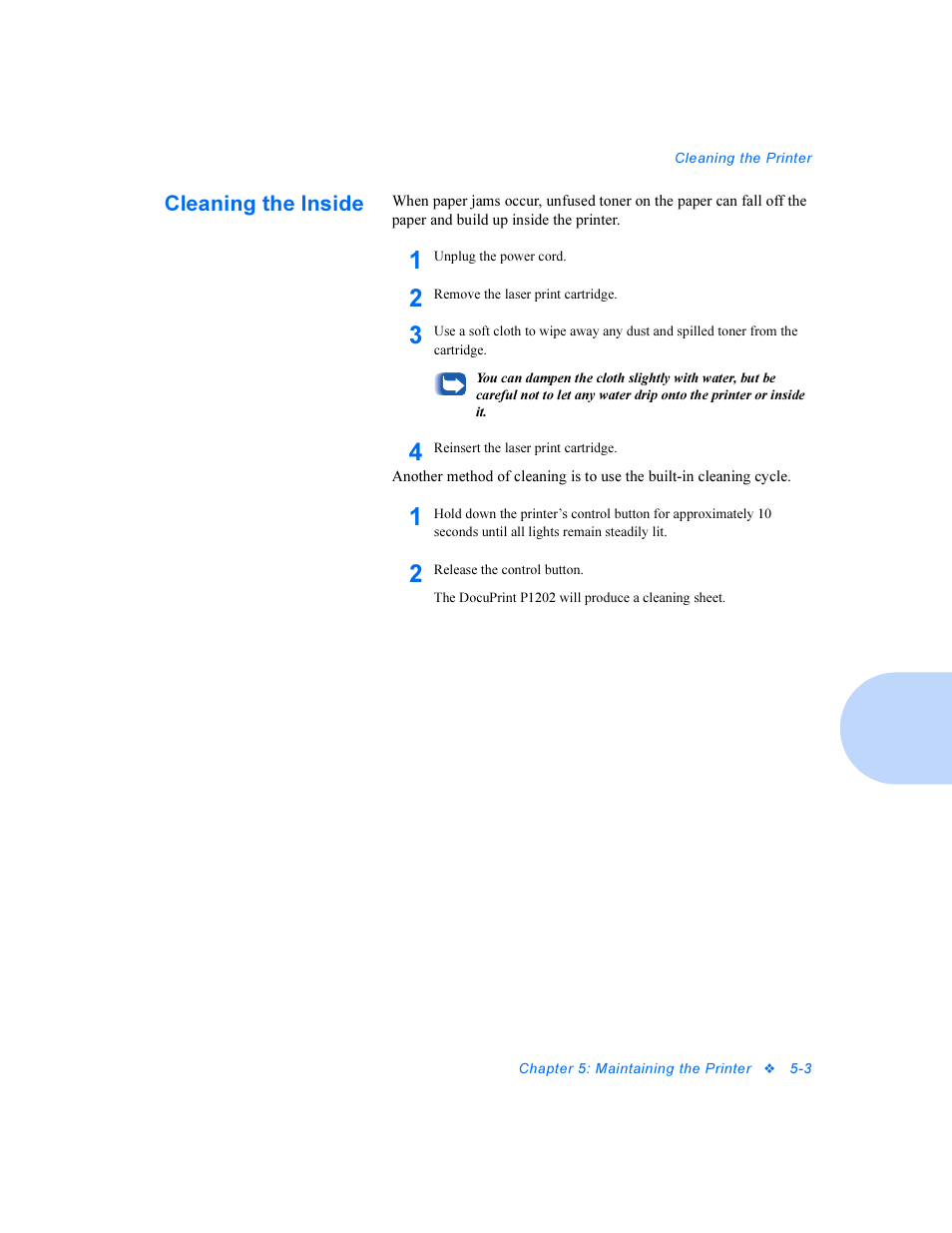 Cleaning the inside, Cleaning the inside -3 | Xerox DocuPrint Personal Laser Printer P1202 User Manual | Page 43 / 88
