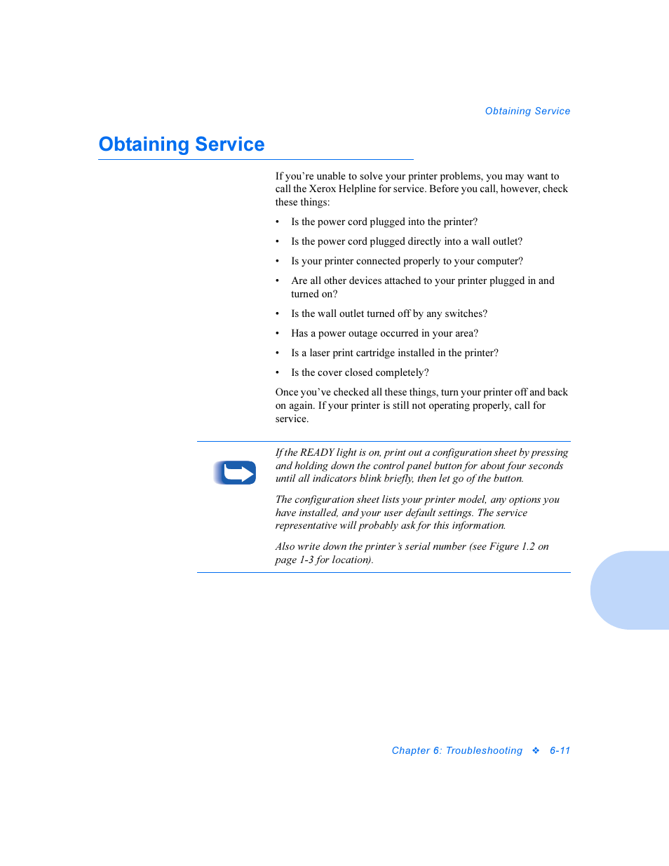 Obtaining service, Obtaining service -11 | Xerox DocuPrint Personal Laser Printer P1202 User Manual | Page 55 / 88