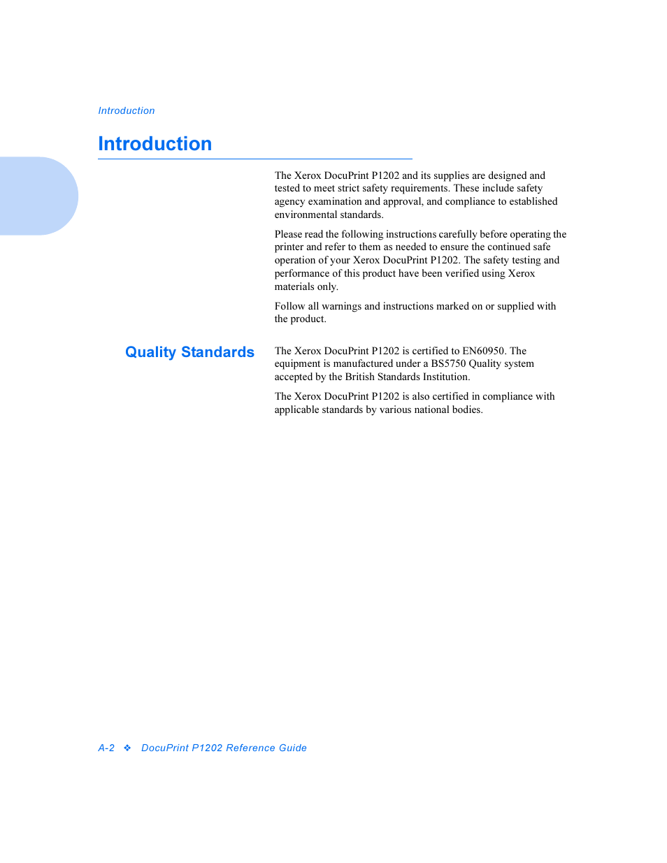 Introduction, Quality standards | Xerox DocuPrint Personal Laser Printer P1202 User Manual | Page 58 / 88