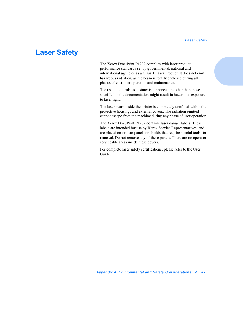 Laser safety | Xerox DocuPrint Personal Laser Printer P1202 User Manual | Page 59 / 88