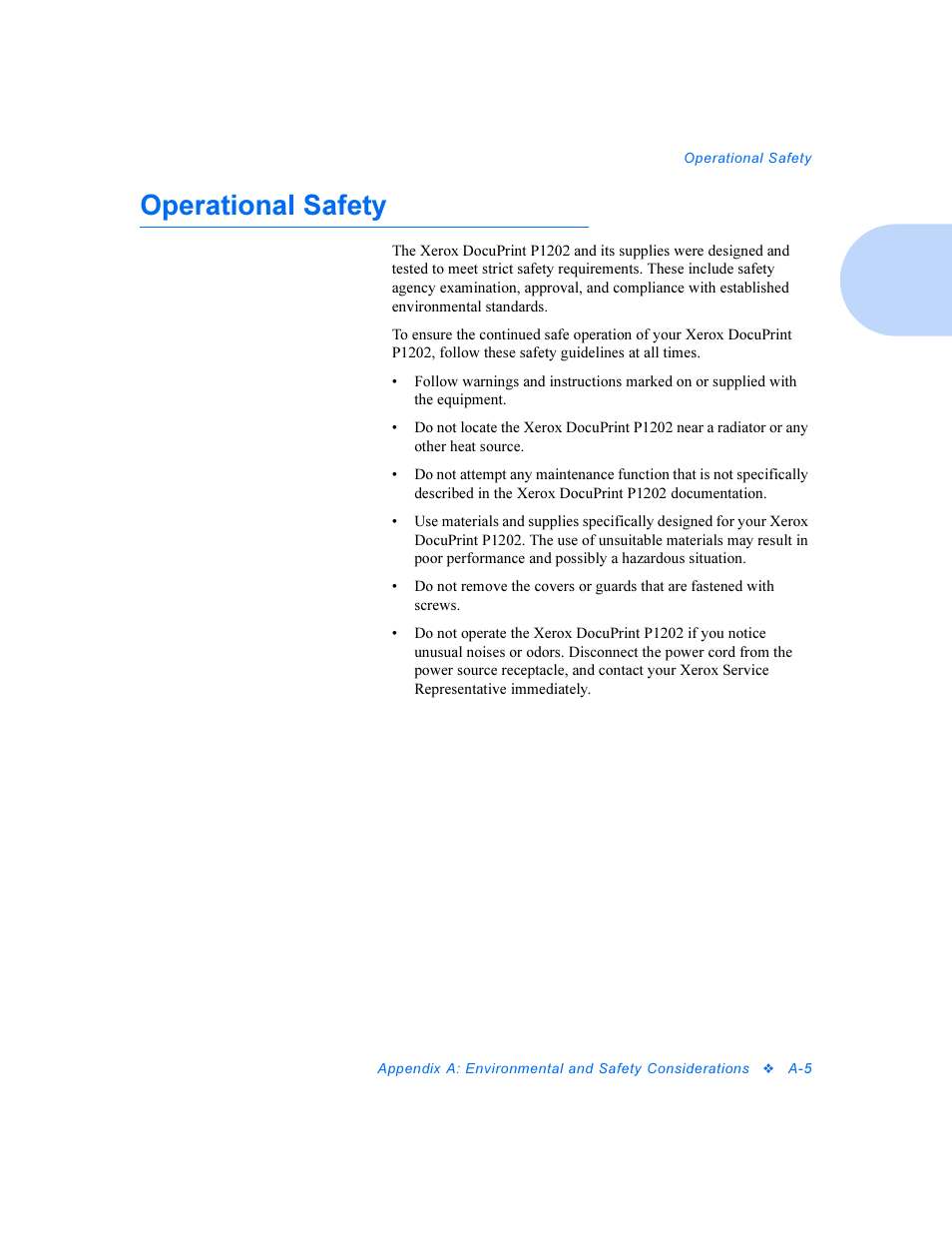 Operational safety | Xerox DocuPrint Personal Laser Printer P1202 User Manual | Page 61 / 88