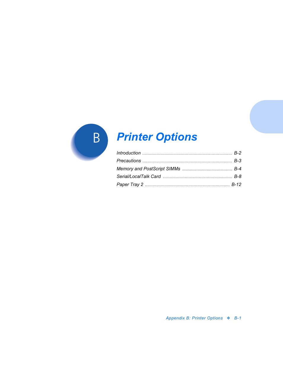 Printer options, Appendix b: printer options | Xerox DocuPrint Personal Laser Printer P1202 User Manual | Page 65 / 88