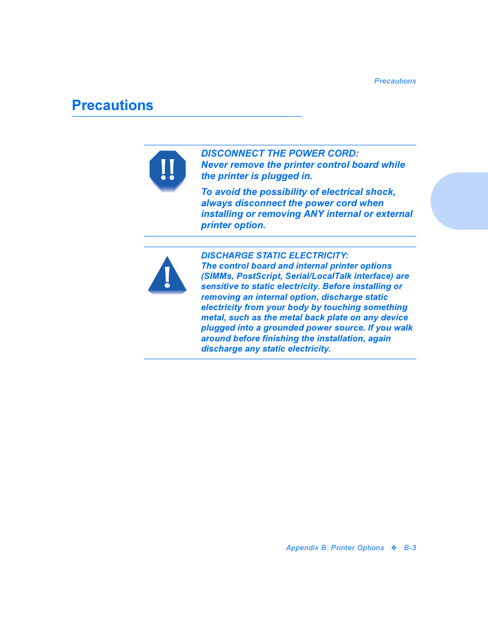 Precautions | Xerox DocuPrint Personal Laser Printer P1202 User Manual | Page 67 / 88
