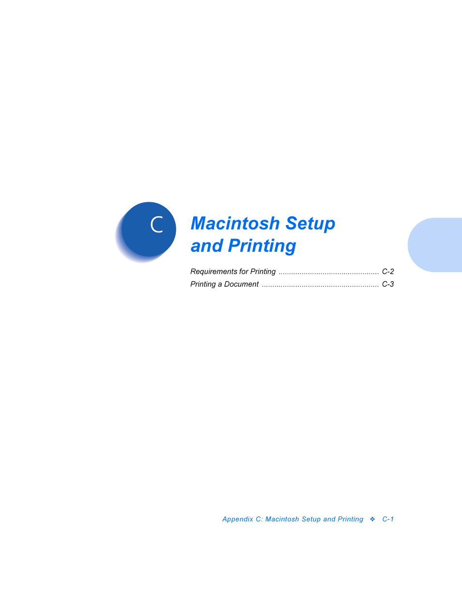 Macintosh setup andprinting, Macintosh setup and printing, Appendix c: macintosh setup and printing  c-1 | Xerox DocuPrint Personal Laser Printer P1202 User Manual | Page 79 / 88