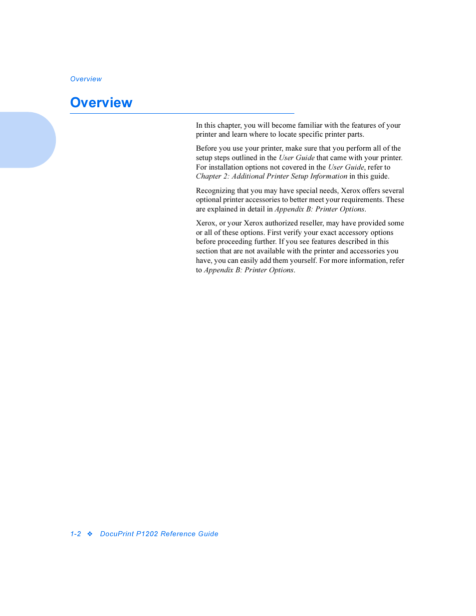Overview, Overview -2 | Xerox DocuPrint Personal Laser Printer P1202 User Manual | Page 8 / 88