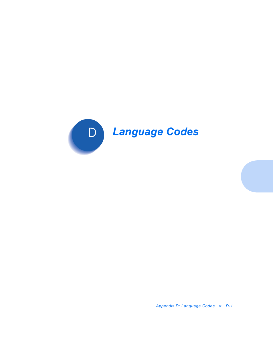 Language codes, Appendix d: language codes  d-1 | Xerox DocuPrint Personal Laser Printer P1202 User Manual | Page 83 / 88