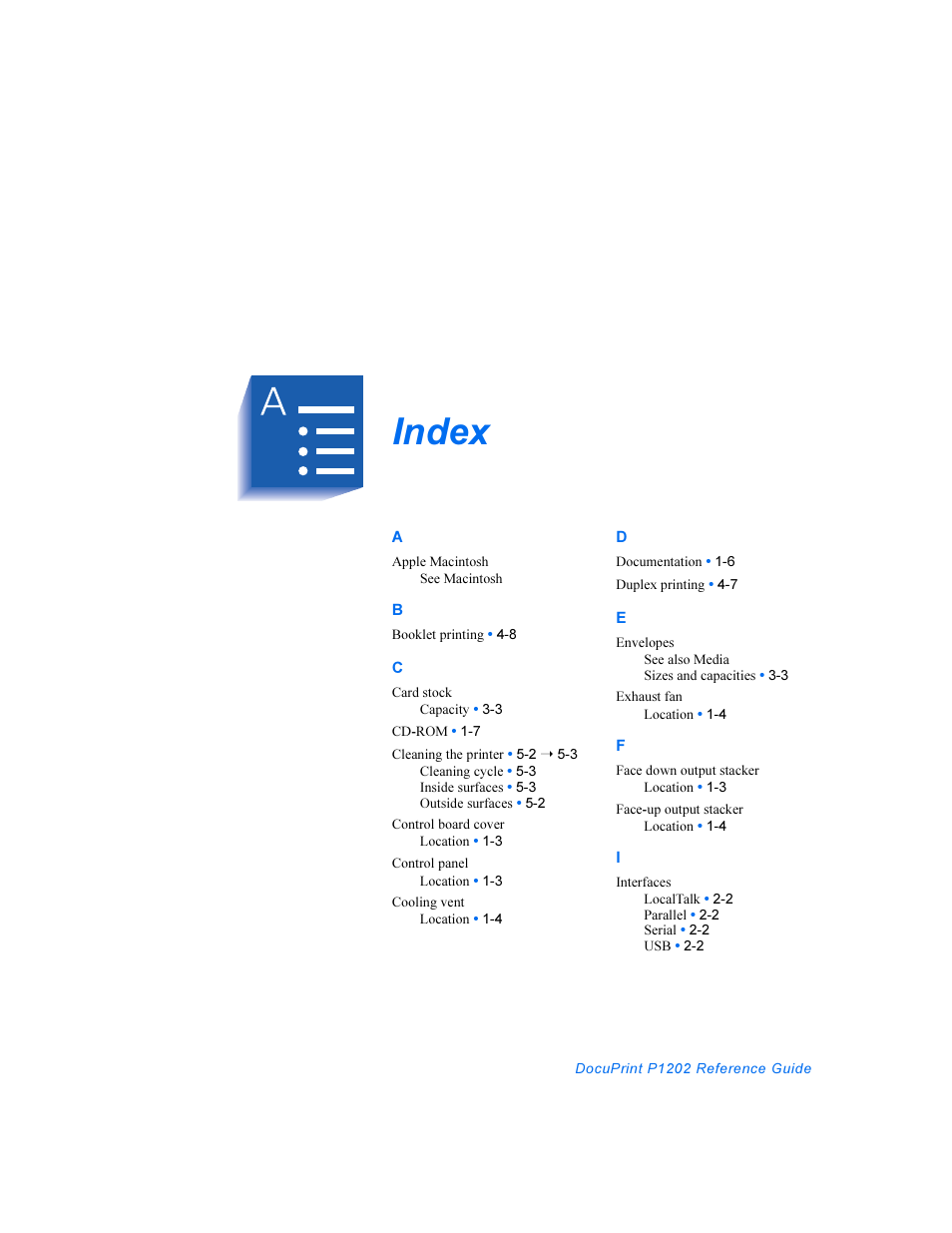 Index | Xerox DocuPrint Personal Laser Printer P1202 User Manual | Page 85 / 88