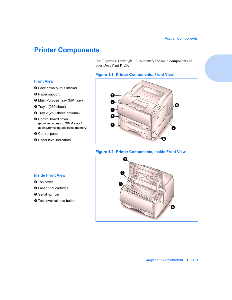 Printer components, Printer components -3 | Xerox DocuPrint Personal Laser Printer P1202 User Manual | Page 9 / 88