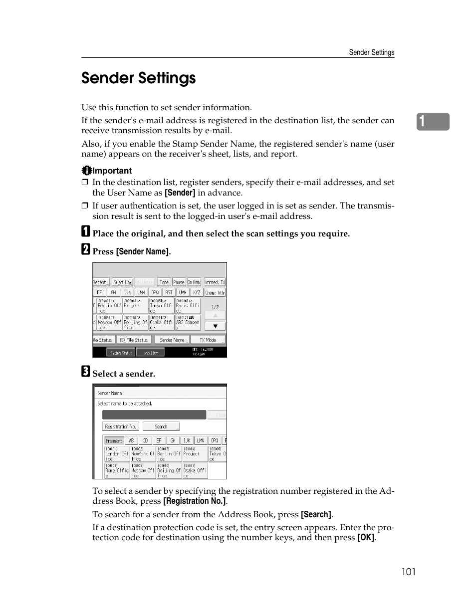 Sender settings, P.101 “sender settings, 1sender settings | Xerox C3000 User Manual | Page 111 / 298