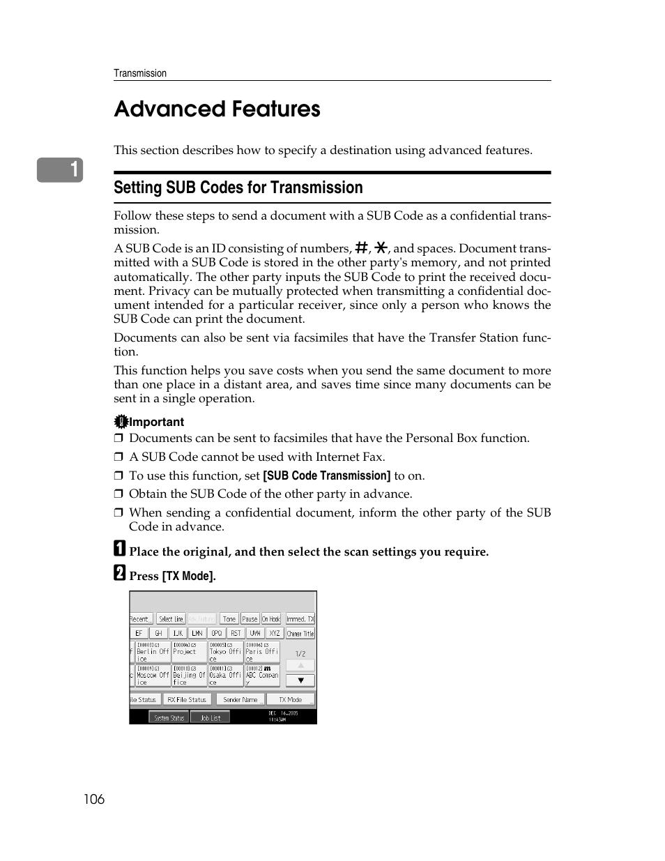 Advanced features, Setting sub codes for transmission, 1advanced features | Xerox C3000 User Manual | Page 116 / 298