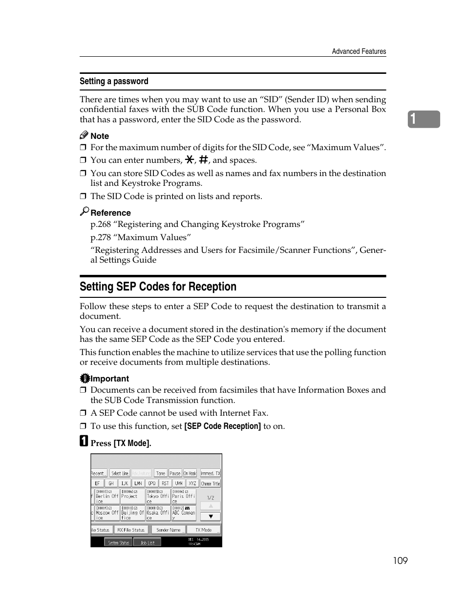 Setting a password, Setting sep codes for reception | Xerox C3000 User Manual | Page 119 / 298