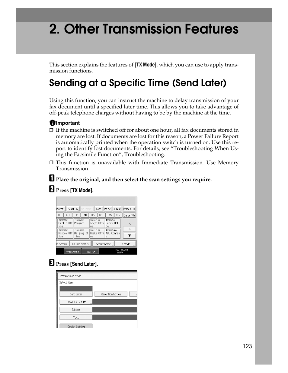 Other transmission features, Sending at a specific time (send later), P.123 “other transmission features | Xerox C3000 User Manual | Page 133 / 298