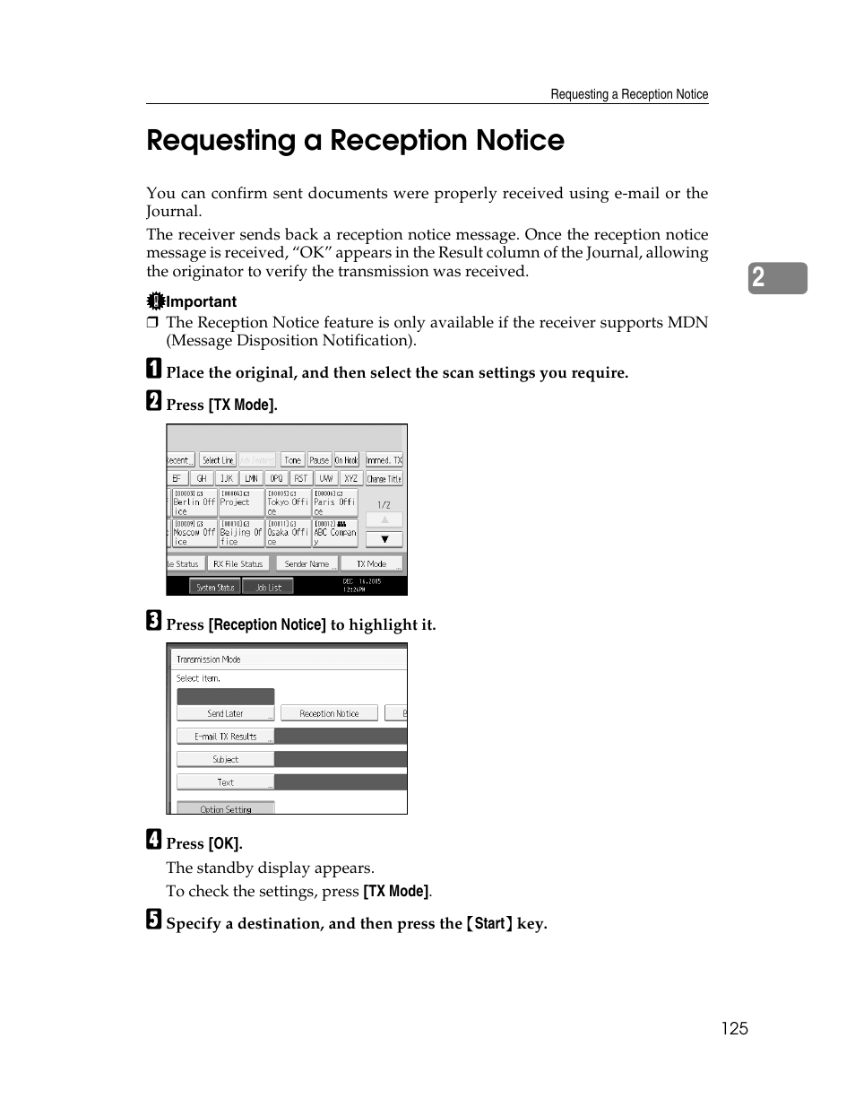 Requesting a reception notice, P.125 “requesting a reception notice, 2requesting a reception notice | Xerox C3000 User Manual | Page 135 / 298