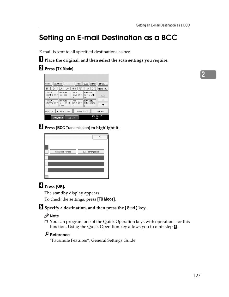 Setting an e-mail destination as a bcc, P.127 “setting an e-mail destination as a bcc, 2setting an e-mail destination as a bcc | Xerox C3000 User Manual | Page 137 / 298