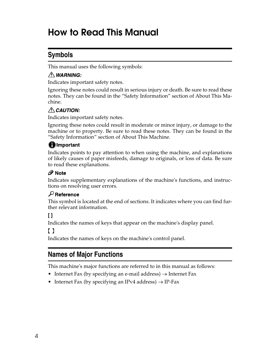 How to read this manual, Symbols, Names of major functions | Symbols names of major functions | Xerox C3000 User Manual | Page 14 / 298