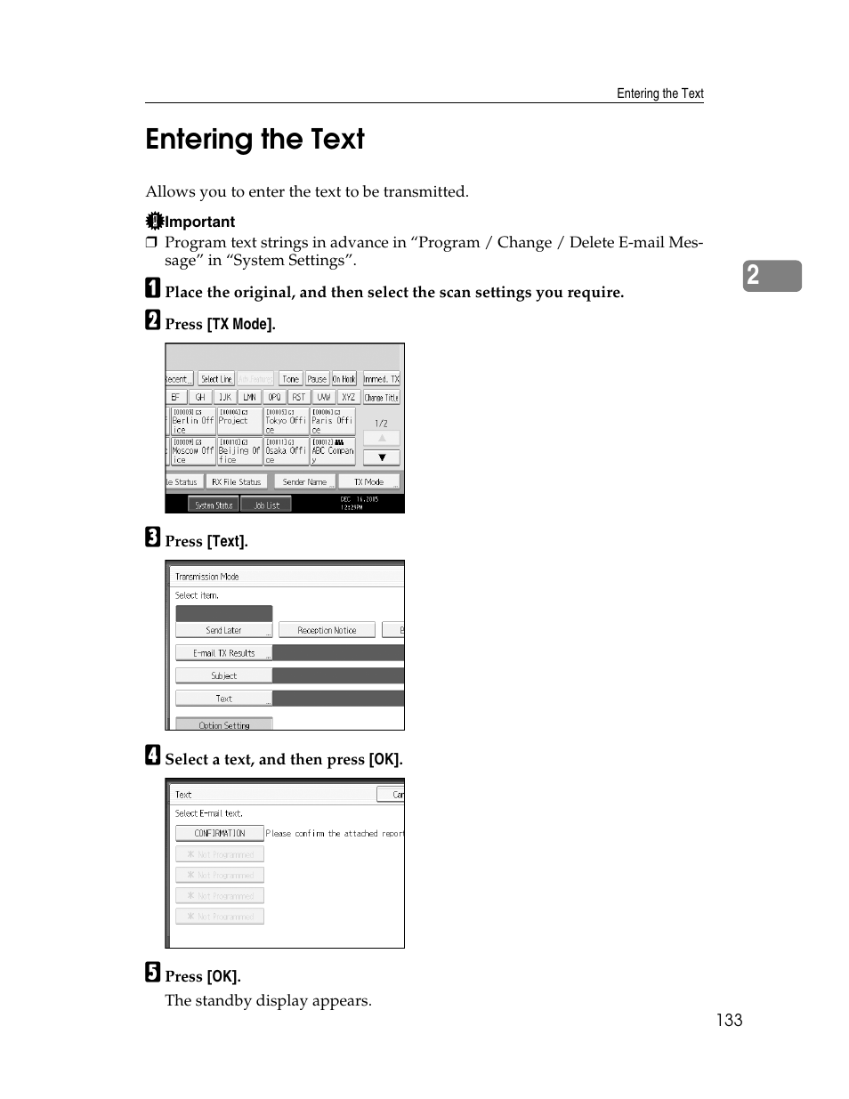 Entering the text, P.133 “entering the text, 2entering the text | Xerox C3000 User Manual | Page 143 / 298