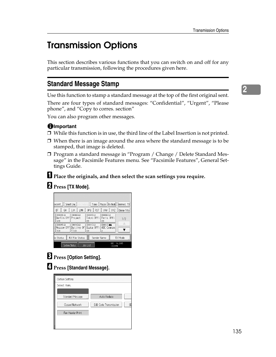 Transmission options, Standard message stamp, 2transmission options | Xerox C3000 User Manual | Page 145 / 298