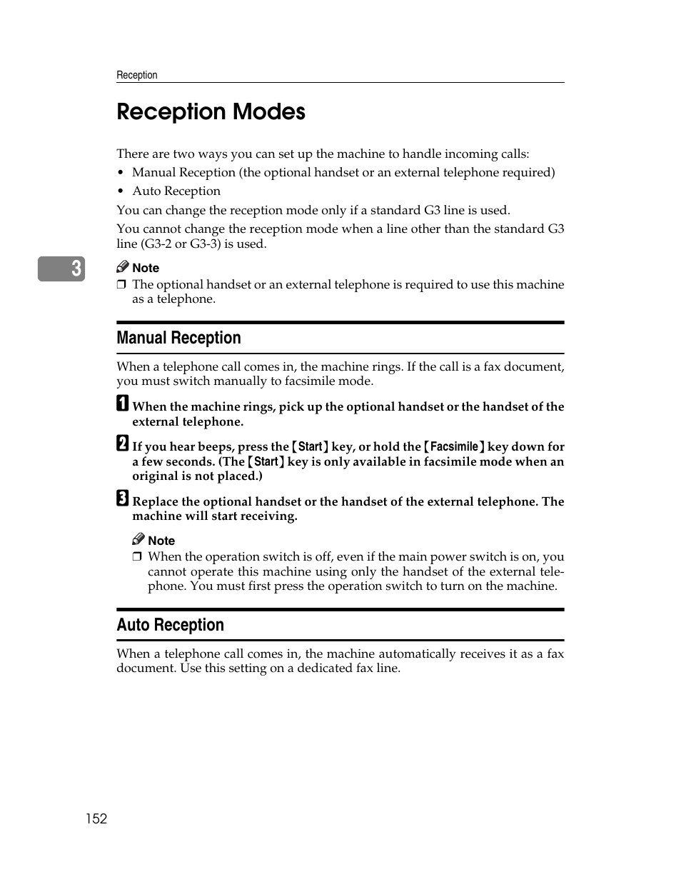 Reception modes, Manual reception, Auto reception | Manual reception auto reception, 3reception modes | Xerox C3000 User Manual | Page 162 / 298