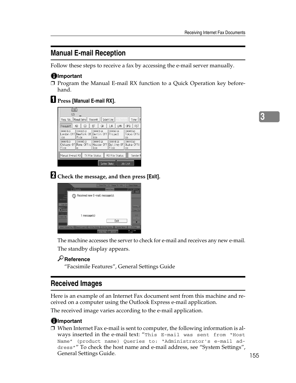 Manual e-mail reception, Received images, Manual e-mail reception received images | P.155 “received images | Xerox C3000 User Manual | Page 165 / 298