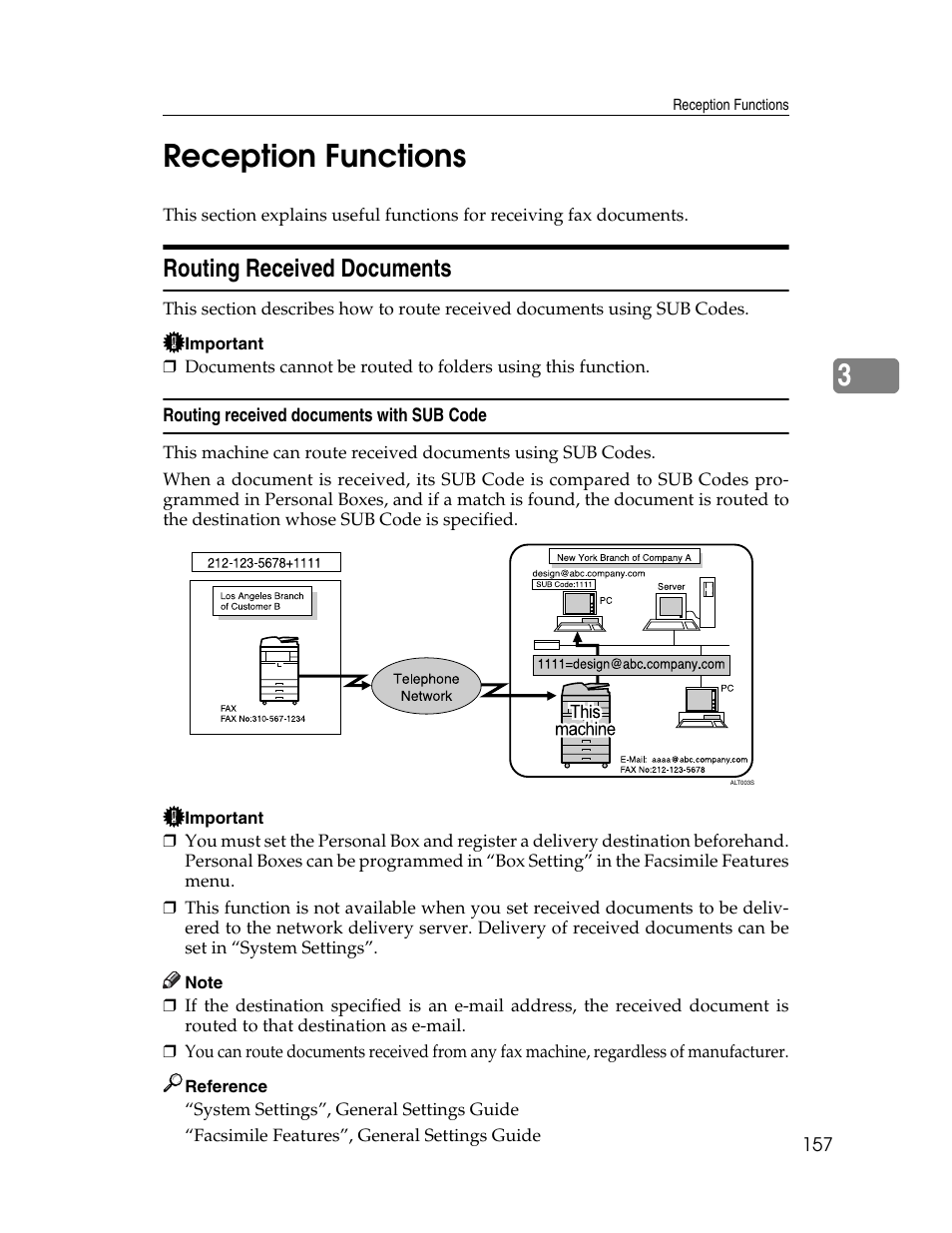 Reception functions, Routing received documents, Routing received documents with sub code | 3reception functions | Xerox C3000 User Manual | Page 167 / 298