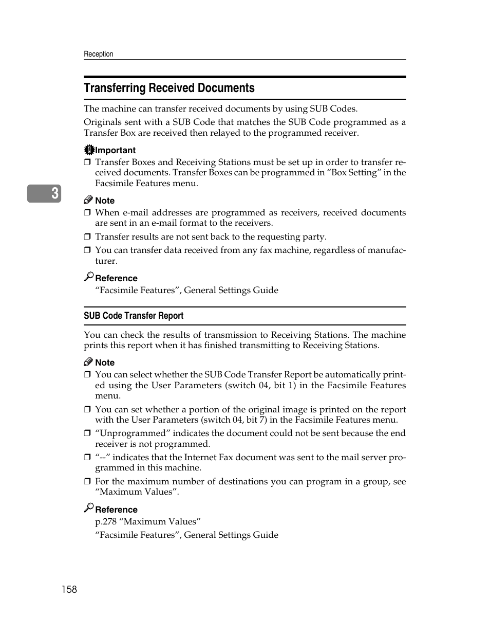 Transferring received documents, Sub code transfer report, P.158 “transferring received documents | Xerox C3000 User Manual | Page 168 / 298