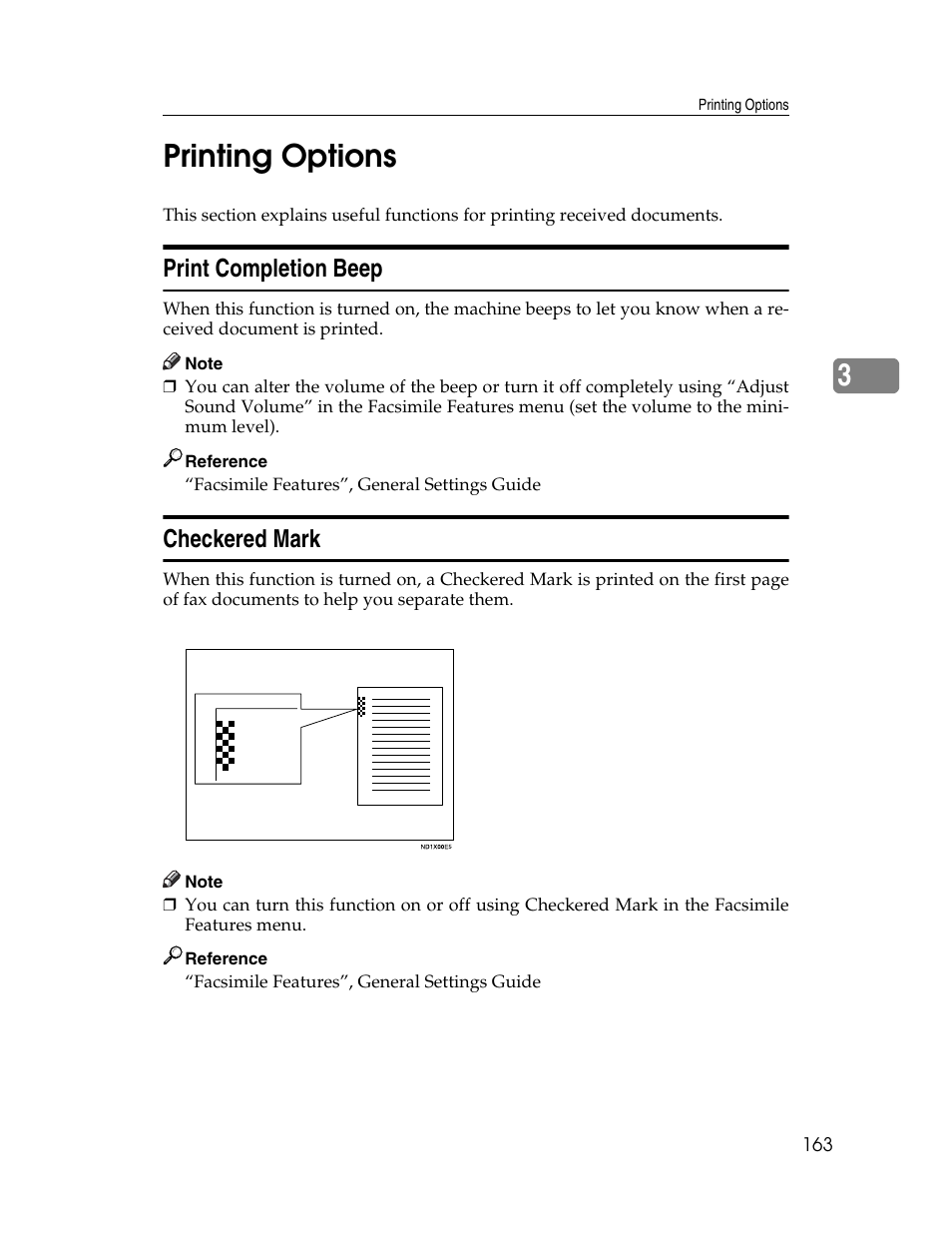 Printing options, Print completion beep, Checkered mark | Print completion beep checkered mark, P.163 “printing options, 3printing options | Xerox C3000 User Manual | Page 173 / 298