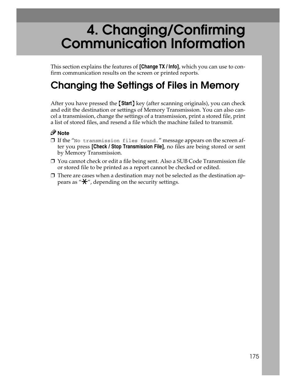 Changing/confirming communication information, Changing the settings of files in memory | Xerox C3000 User Manual | Page 185 / 298