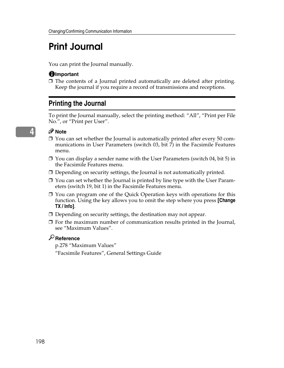 Print journal, Printing the journal, P.198 “print journal | 4print journal | Xerox C3000 User Manual | Page 208 / 298