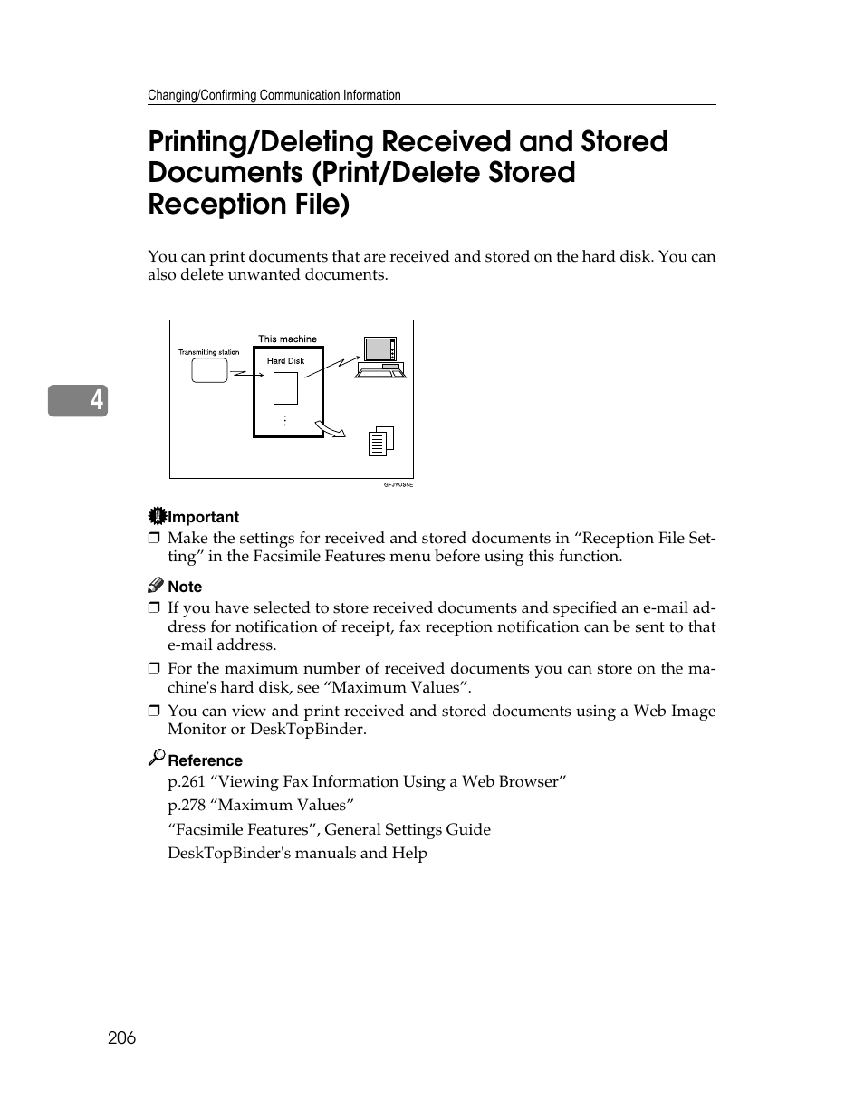 Printing/deleting received and stored documents, Print/delete stored reception file) | Xerox C3000 User Manual | Page 216 / 298