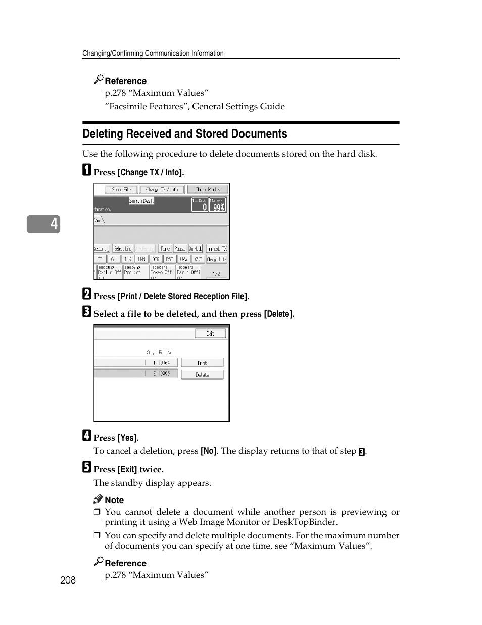 Deleting received and stored documents | Xerox C3000 User Manual | Page 218 / 298