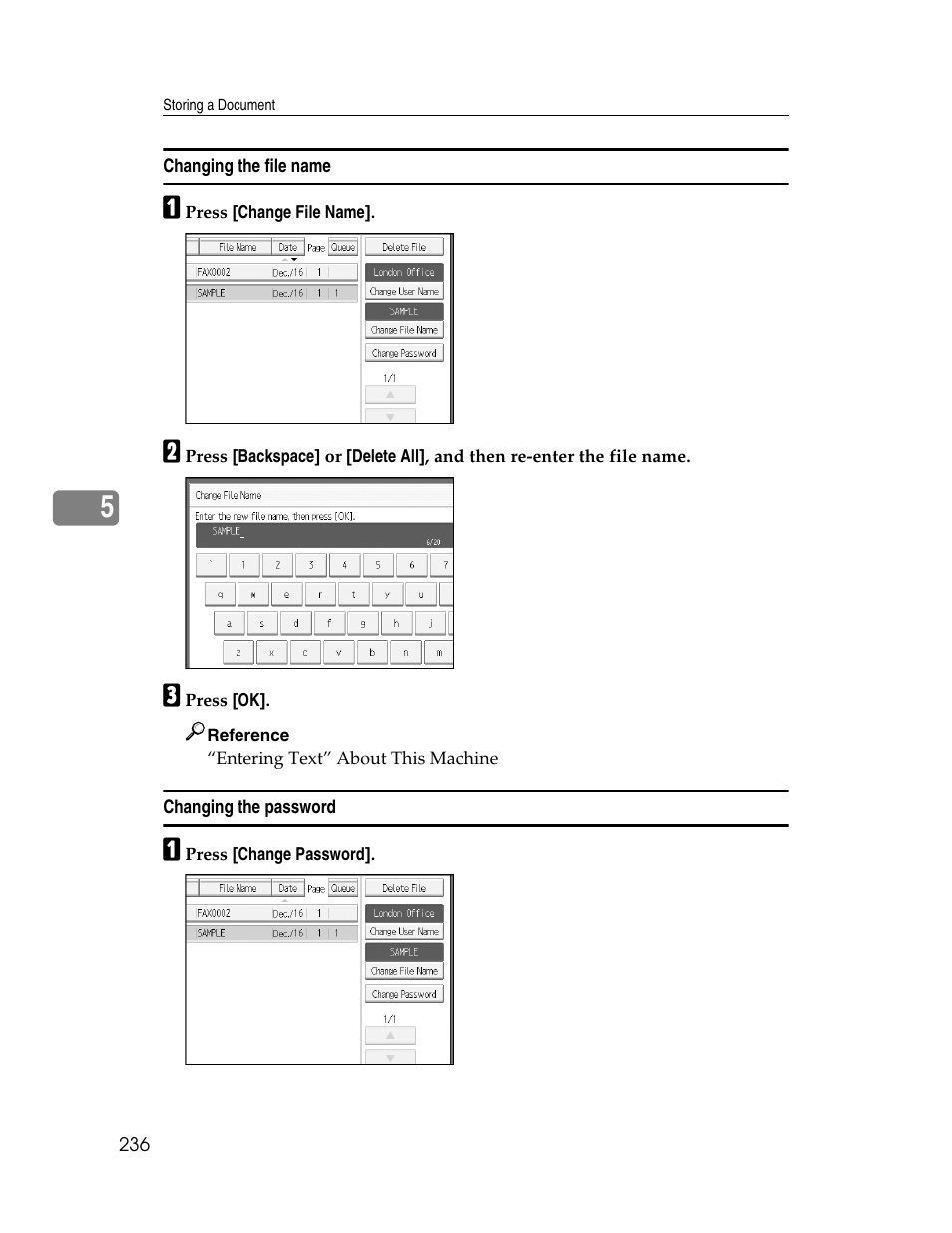 Changing the file name, Changing the password, Changing the file name changing the password | Xerox C3000 User Manual | Page 246 / 298