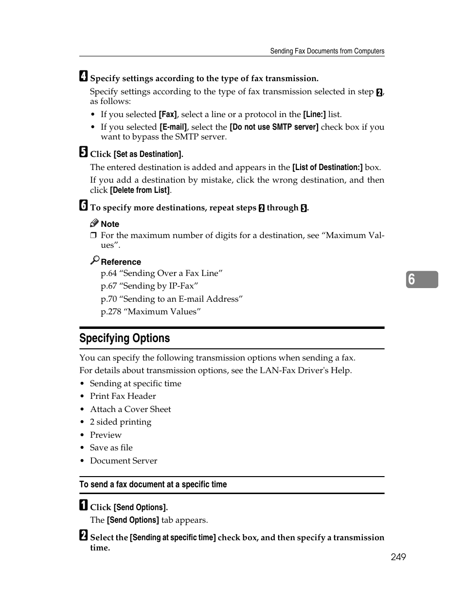 Specifying options, To send a fax document at a specific time, P.249 “specifying options | Xerox C3000 User Manual | Page 259 / 298