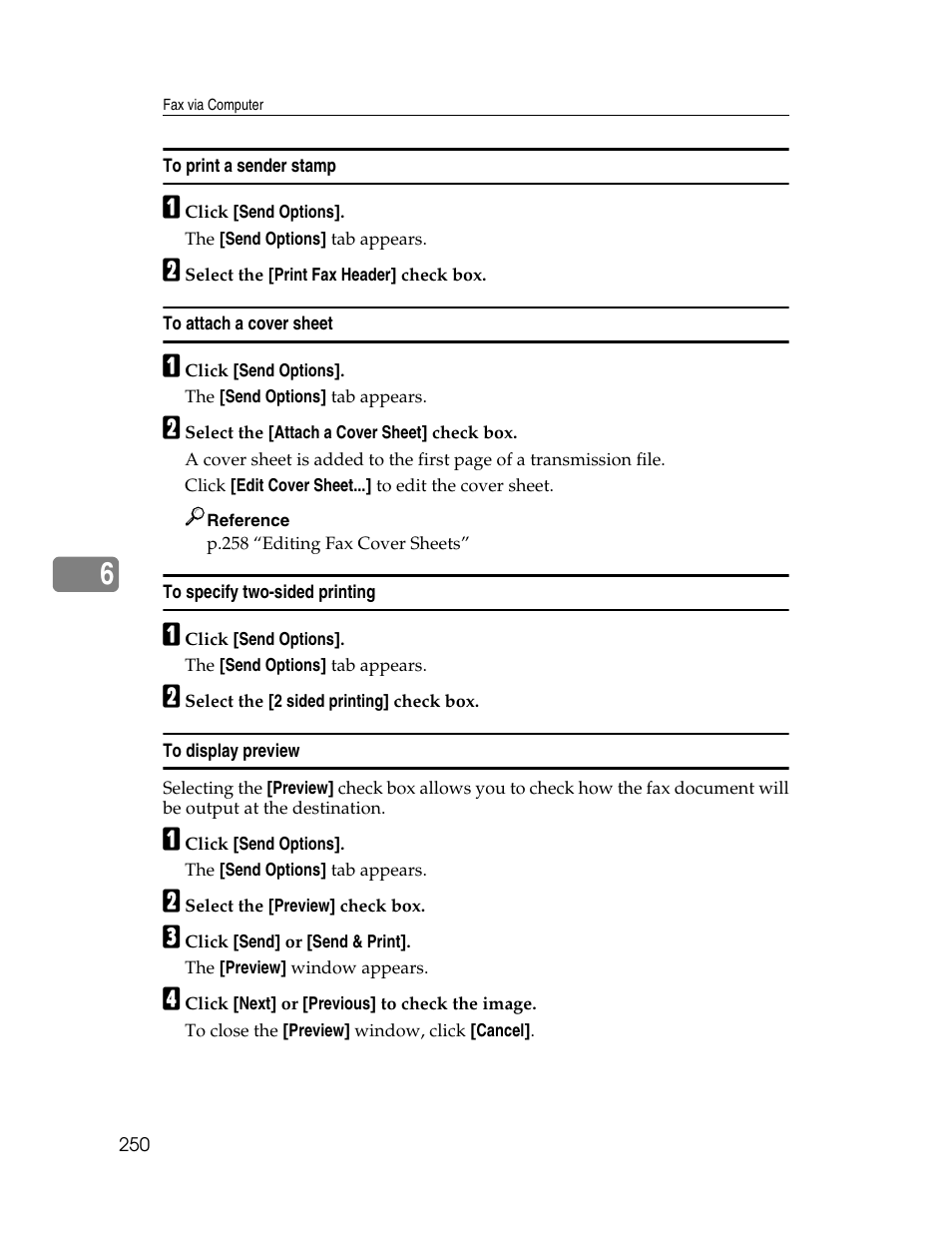 To print a sender stamp, To attach a cover sheet, To specify two-sided printing | To display preview | Xerox C3000 User Manual | Page 260 / 298