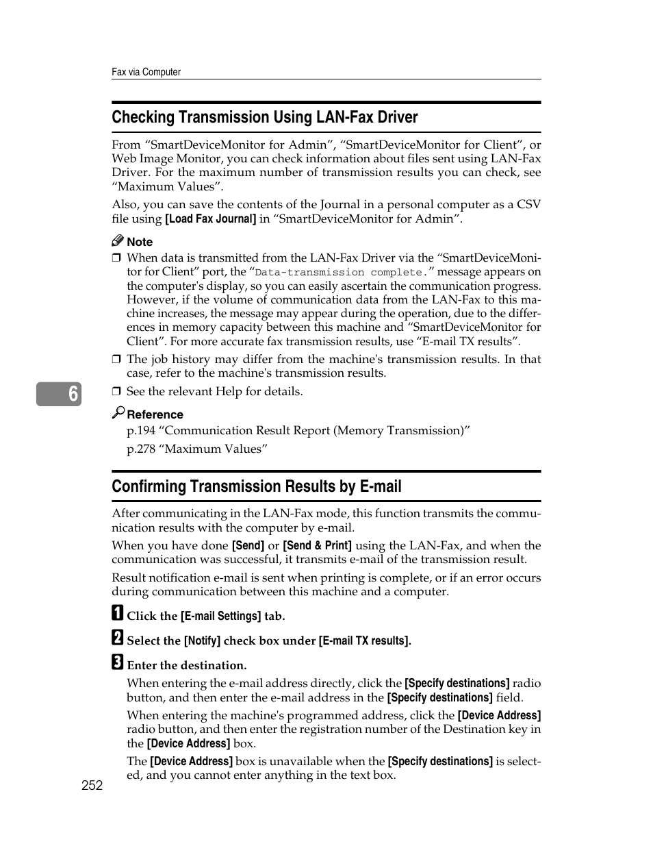 Checking transmission using lan-fax driver, Confirming transmission results by e-mail, P.252 “confirming transmission results by e-mail | Xerox C3000 User Manual | Page 262 / 298