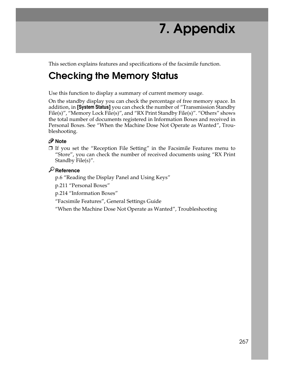 Appendix, Checking the memory status, P.267 “checking the memory status | Xerox C3000 User Manual | Page 277 / 298