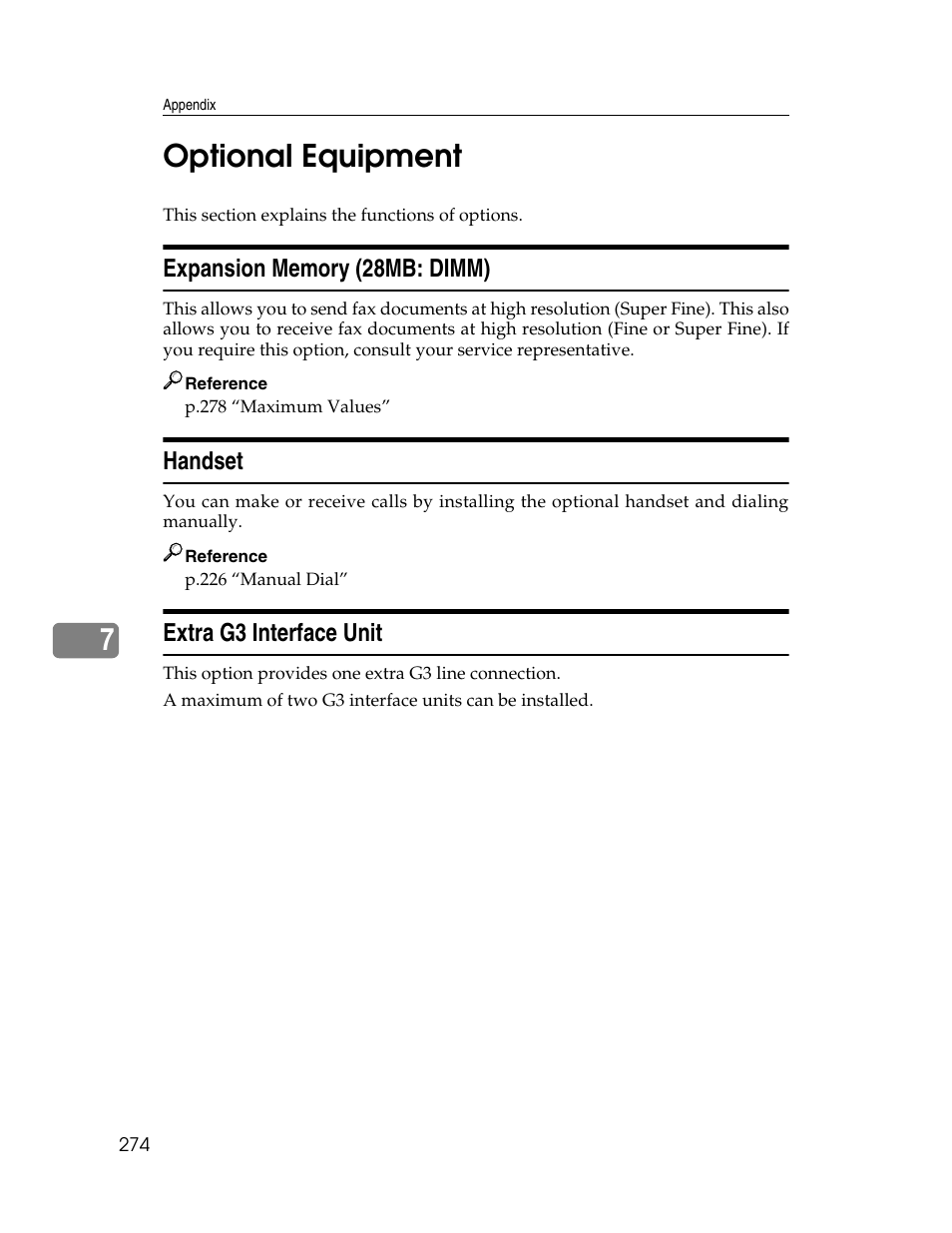 Optional equipment, Expansion memory (28mb: dimm), Handset | Extra g3 interface unit, 7optional equipment | Xerox C3000 User Manual | Page 284 / 298