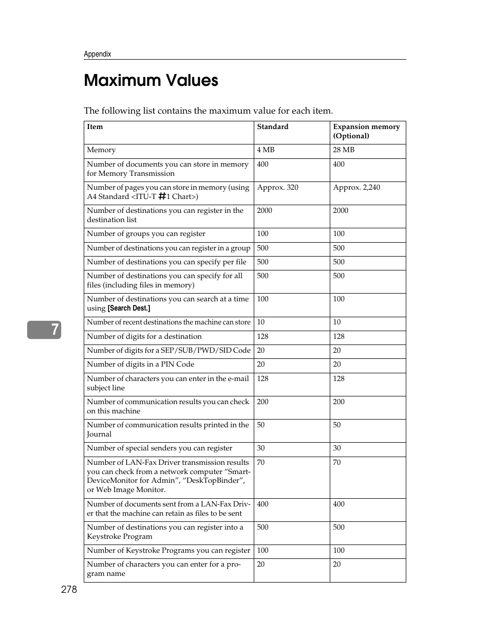 Maximum values, P.278 “maximum values, 7maximum values | Xerox C3000 User Manual | Page 288 / 298
