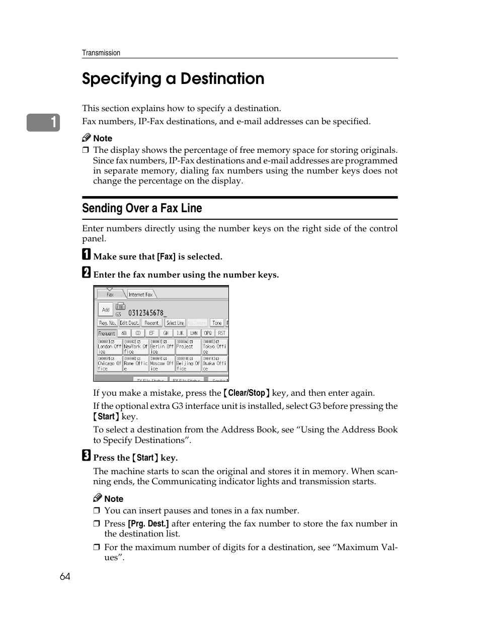 Specifying a destination, Sending over a fax line, P.64 “sending over a fax line | 1specifying a destination | Xerox C3000 User Manual | Page 74 / 298