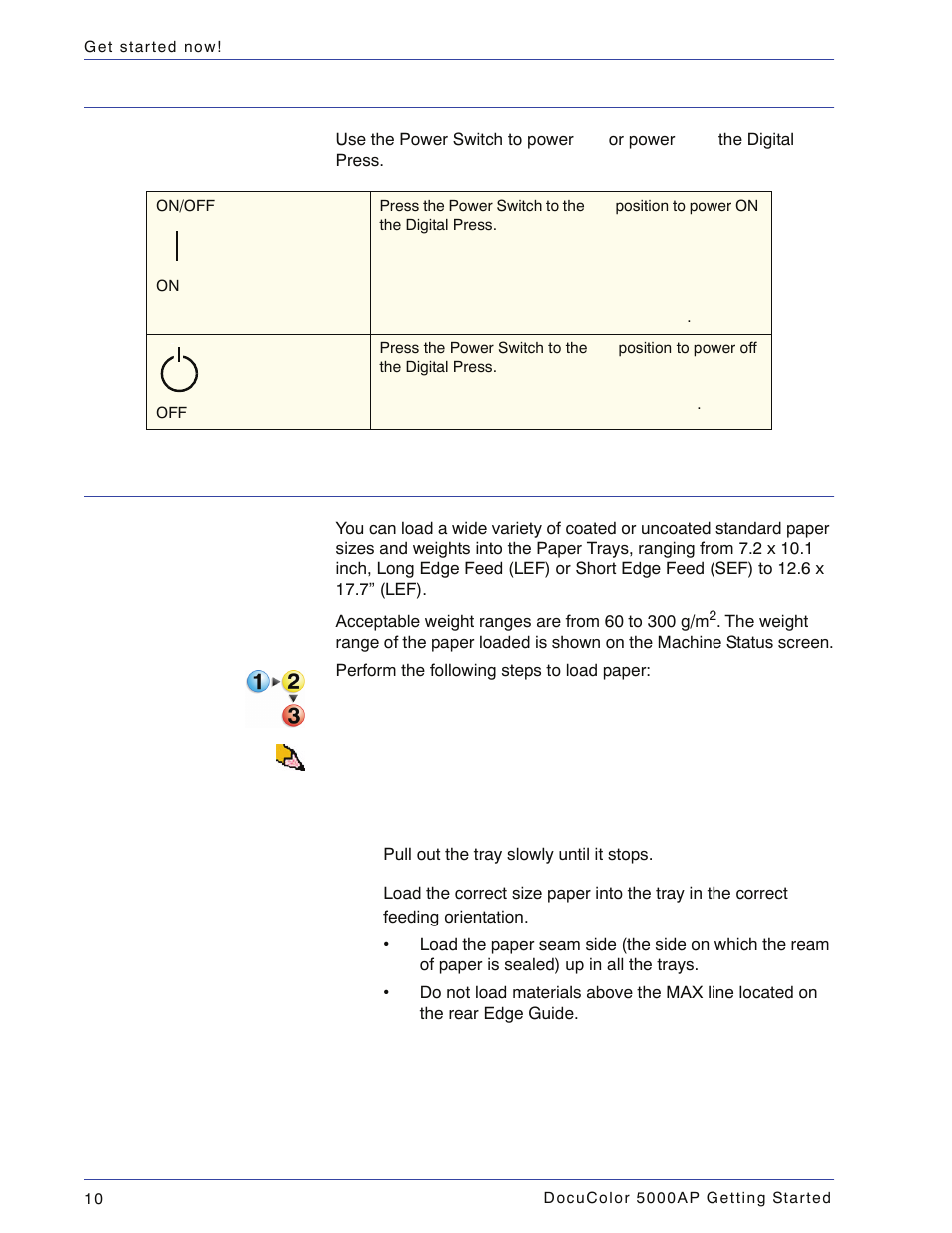 How to power on/off the digital press, How to load paper | Xerox DocuColor 5000AP User Manual | Page 14 / 20
