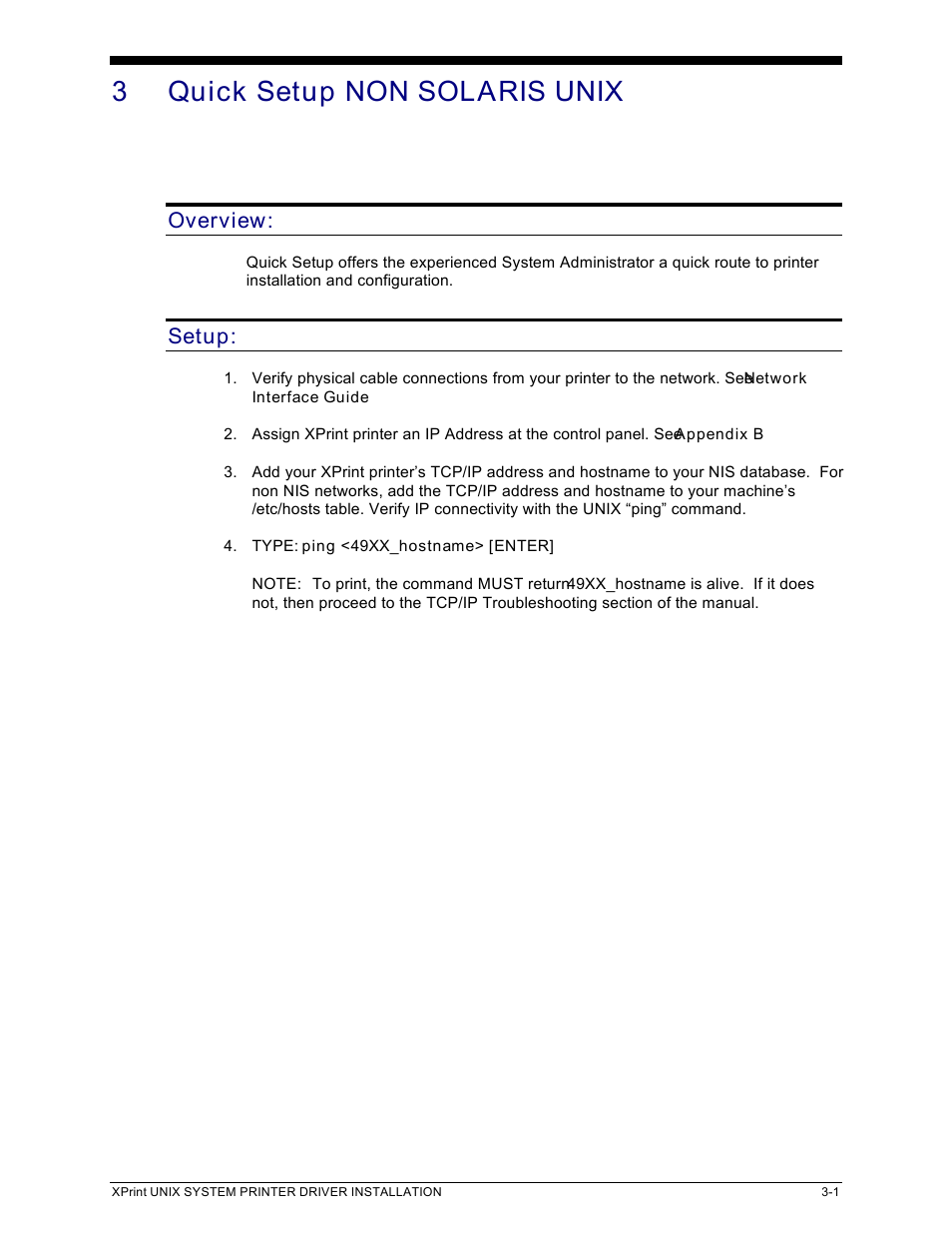 3 quick setup non solaris unix, Overview, Setup | Xerox 701P91273 User Manual | Page 11 / 52